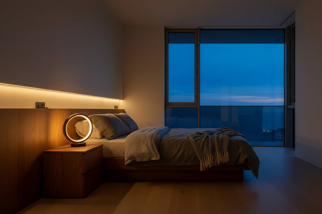 Modern minimalist bedroom at night featuring the Eclipse Halo Lamp glowing warmly on a wooden nightstand, with soft accent lighting and a view of the evening sky through a large window.