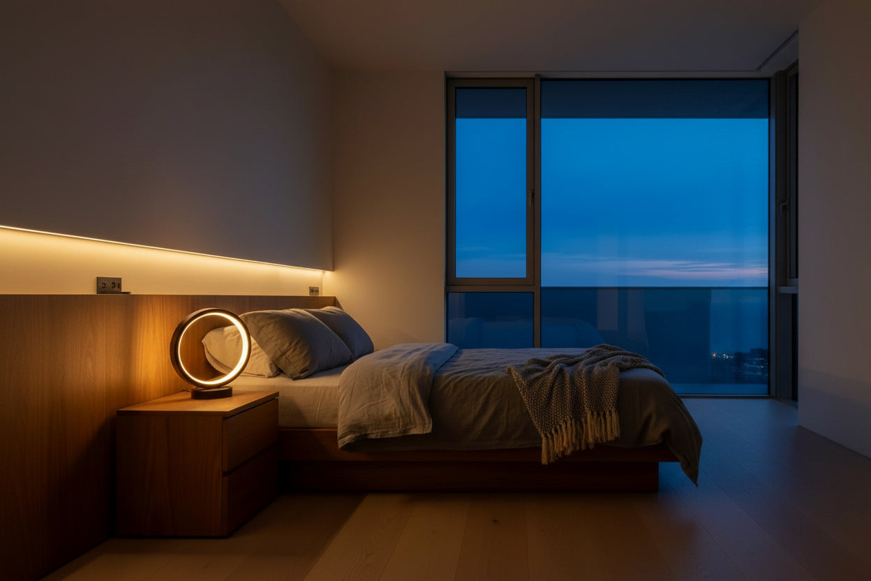 Modern minimalist bedroom at night featuring the Eclipse Halo Lamp glowing warmly on a wooden nightstand, with soft accent lighting and a view of the evening sky through a large window.