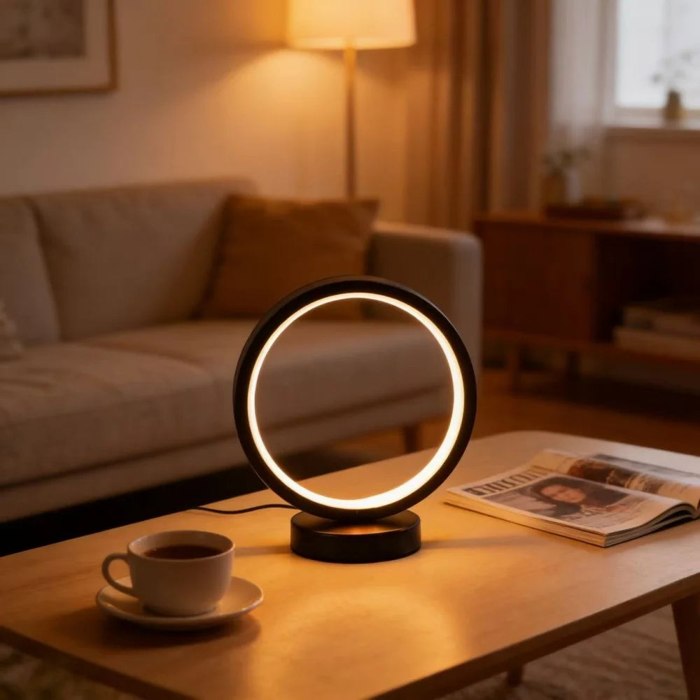 Glow & Drift Eclipse Minimalist Halo Lamp styling an aesthetic living room coffee table next to a cup of coffee and a magazine