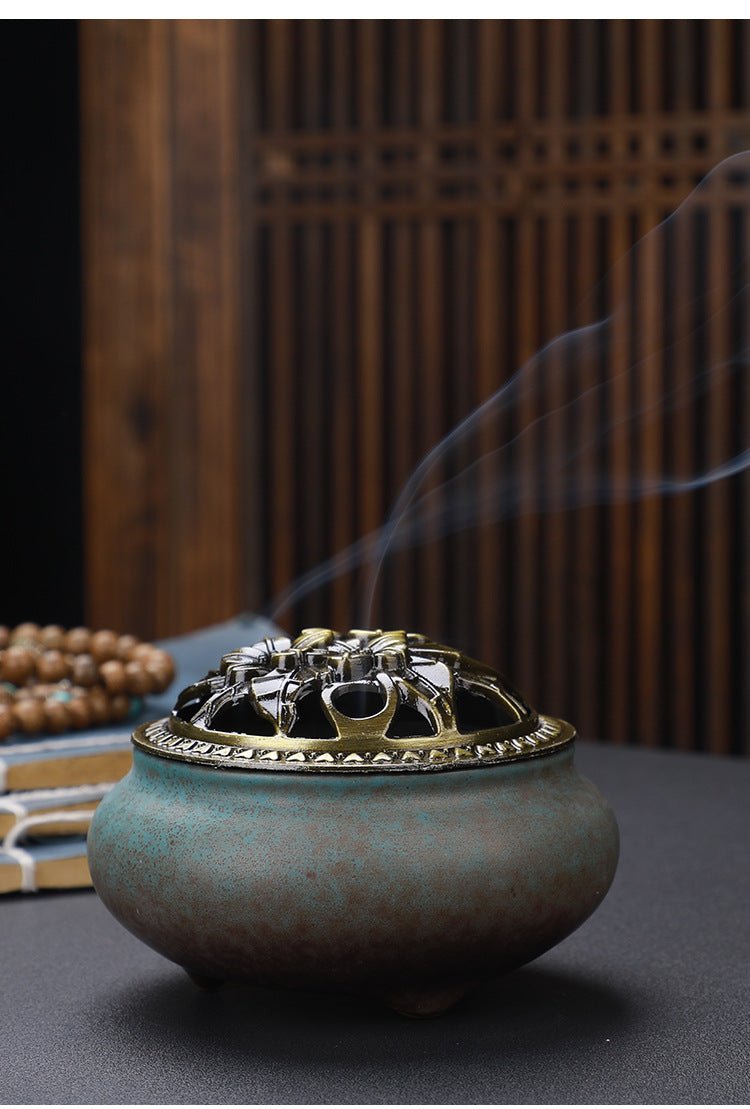 Antique Copper Lid Ceramic Incense Burner | Zen Meditation Censer - Glow & Drift