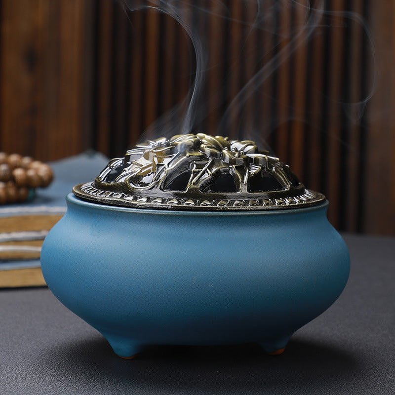 Antique Copper Lid Ceramic Incense Burner | Zen Meditation Censer - Glow & Drift