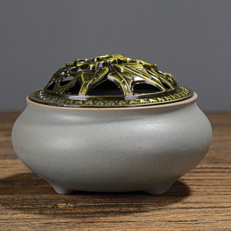 Antique Copper Lid Ceramic Incense Burner | Zen Meditation Censer - Glow & Drift