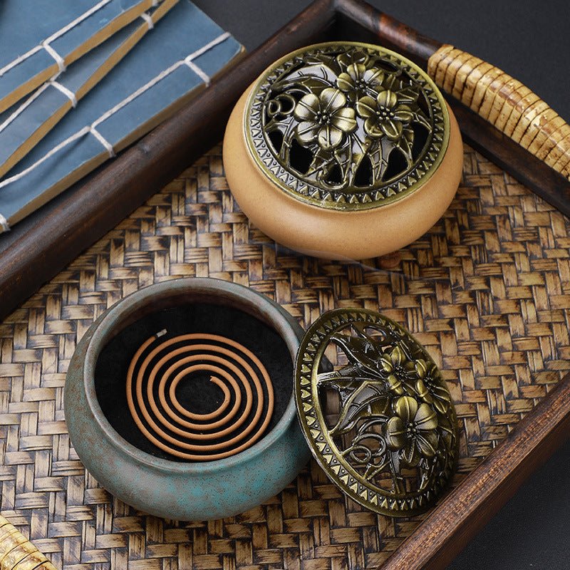 Antique Copper Lid Ceramic Incense Burner | Zen Meditation Censer - Glow & Drift