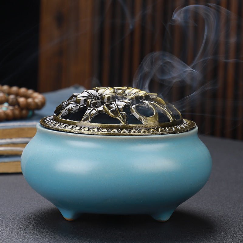 Antique Copper Lid Ceramic Incense Burner | Zen Meditation Censer - Glow & Drift