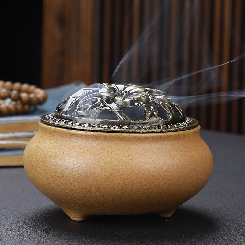 Antique Copper Lid Ceramic Incense Burner | Zen Meditation Censer - Glow & Drift