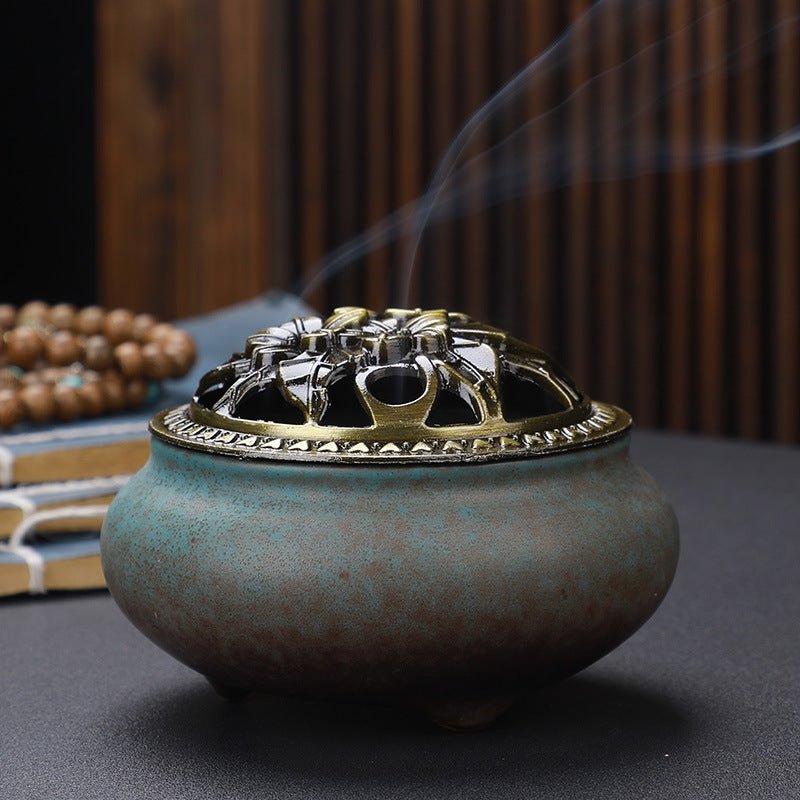 Antique Copper Lid Ceramic Incense Burner | Zen Meditation Censer - Glow & Drift