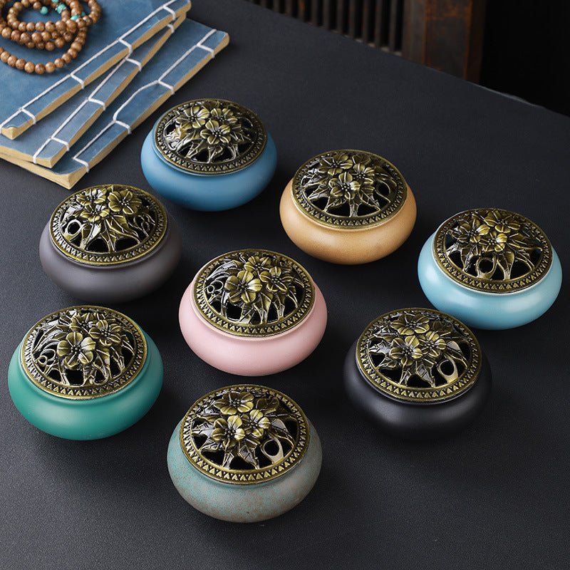 Antique Copper Lid Ceramic Incense Burner | Zen Meditation Censer - Glow & Drift