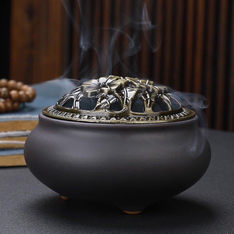 Antique Copper Lid Ceramic Incense Burner | Zen Meditation Censer - Glow & Drift