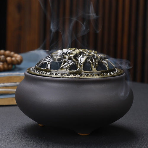 Antique Copper Lid Ceramic Incense Burner | Zen Meditation Censer - Glow & Drift