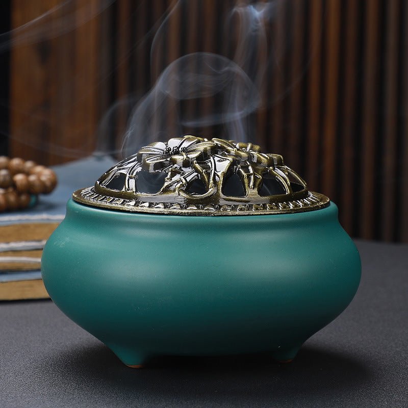 Antique Copper Lid Ceramic Incense Burner | Zen Meditation Censer - Glow & Drift