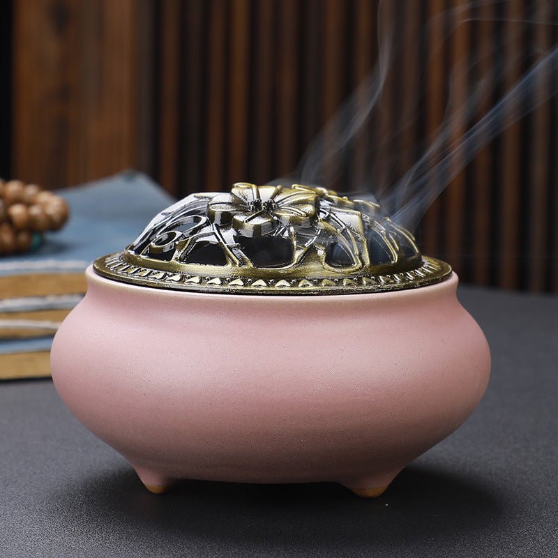 Antique Copper Lid Ceramic Incense Burner | Zen Meditation Censer - Glow & Drift
