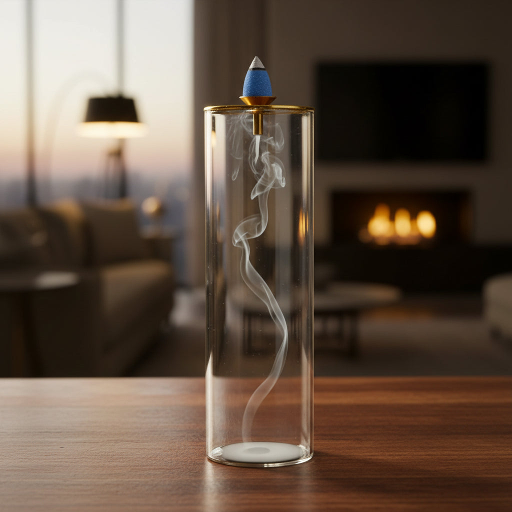 Aura Glass Anti-Ash Incense Vessel with a backflow incense cone on top, showing elegant white smoke cascading down inside the clear cylindrical glass chamber on a wooden table with a warm fireplace background.