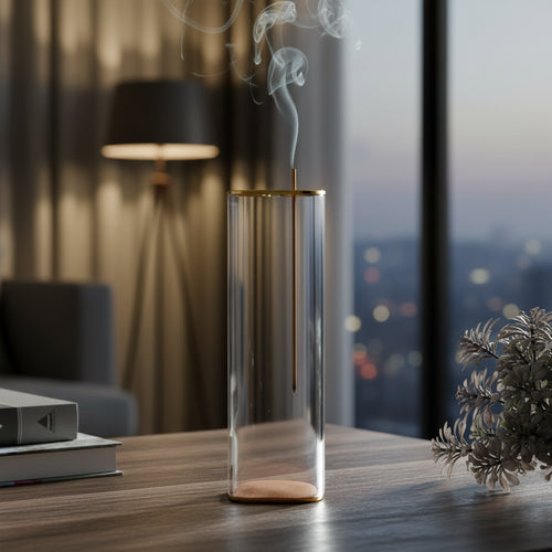 Minimalist cylindrical Aura Glass Anti-Ash Incense Vessel suspending an active incense stick upside down, featuring rising smoke against a blurred twilight city view through a large window.