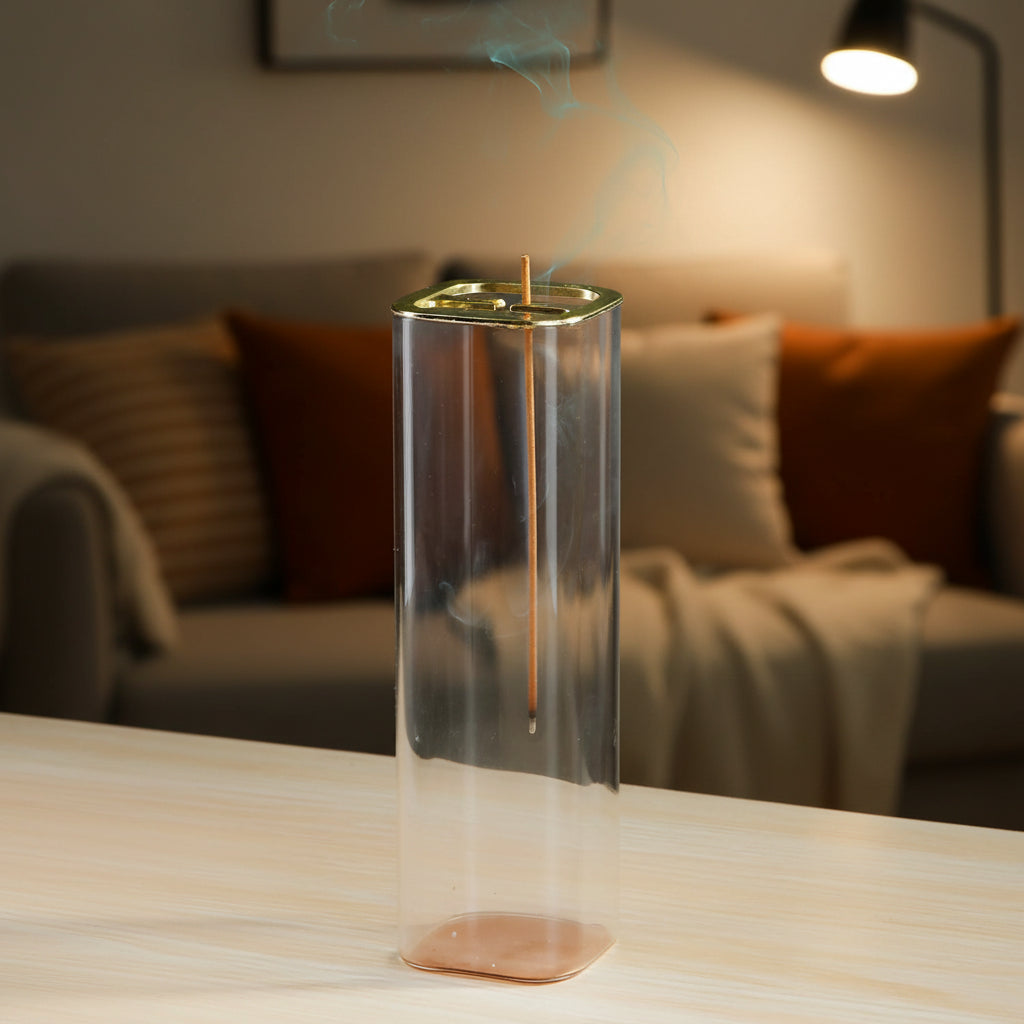 A modern rectangular clear glass anti-ash incense burner holding a single incense stick upside down, sitting on a light wood tabletop with a cozy living room couch in the background.