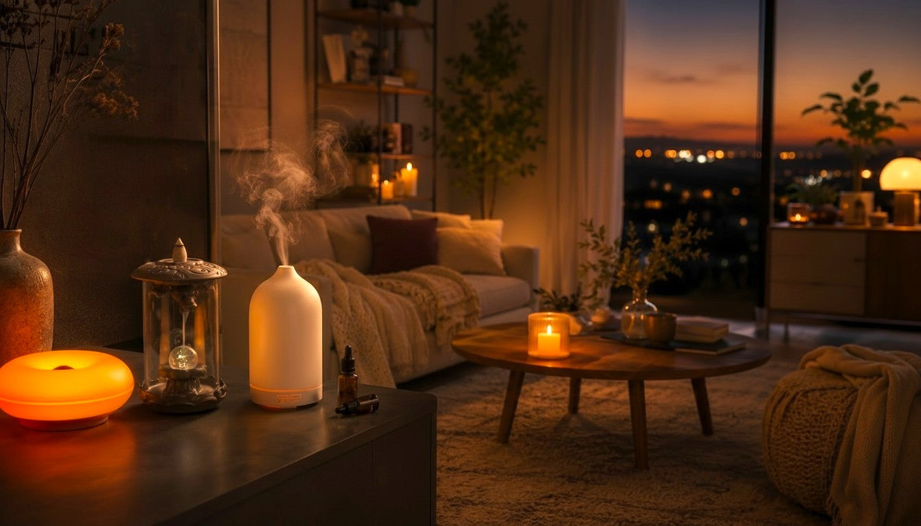 A warm, inviting candlelit living room sanctuary at twilight, featuring an Aurelian dragon backflow incense burner, an actively misting white ceramic diffuser, and an amber-glowing halo donut lamp resting on a dark wood table, creating a cozy, relaxing atmosphere by a large window overlooking a dusk cityscape.