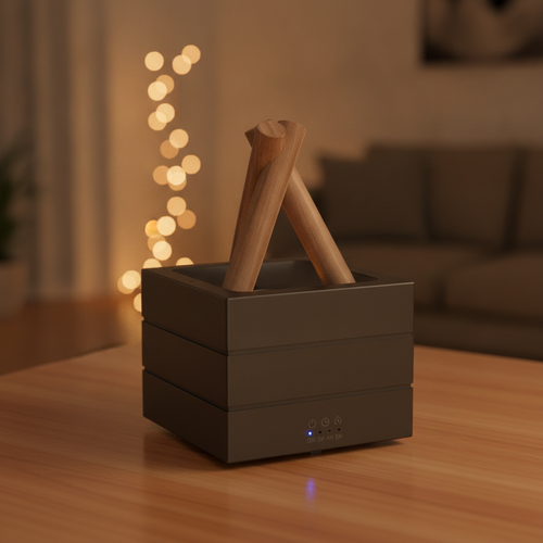 The Bonfire Flame Aroma Diffuser in a sleek black finish, placed on a wooden table against a warm, comforting backdrop of glowing string lights.