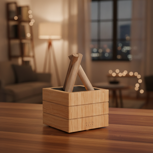 The Bonfire Flame Aroma Diffuser in a natural wood grain finish, sitting on a wooden table in a dimly lit, cozy living room.