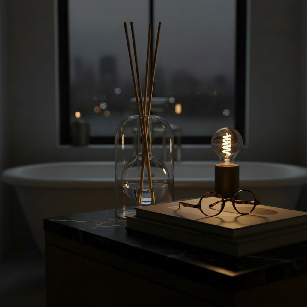 Unique double-walled glass reed diffuser placed on a dark marble bathroom vanity beside tortoiseshell reading glasses, stacked books, and an Edison bulb lamp, with a blurred clawfoot tub in the background.