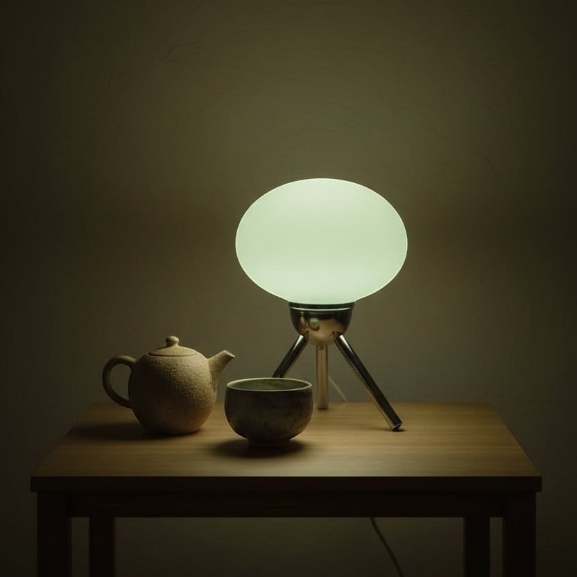 Glow & Drift Alva Bauhaus glass mushroom table lamp with a chrome tripod base glowing on a wooden table with tea set.