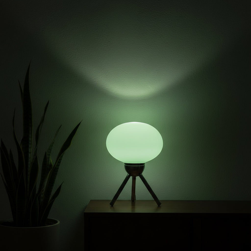 Glow & Drift Alva Bauhaus table lamp with a glowing green mushroom glass shade on a chrome tripod base.