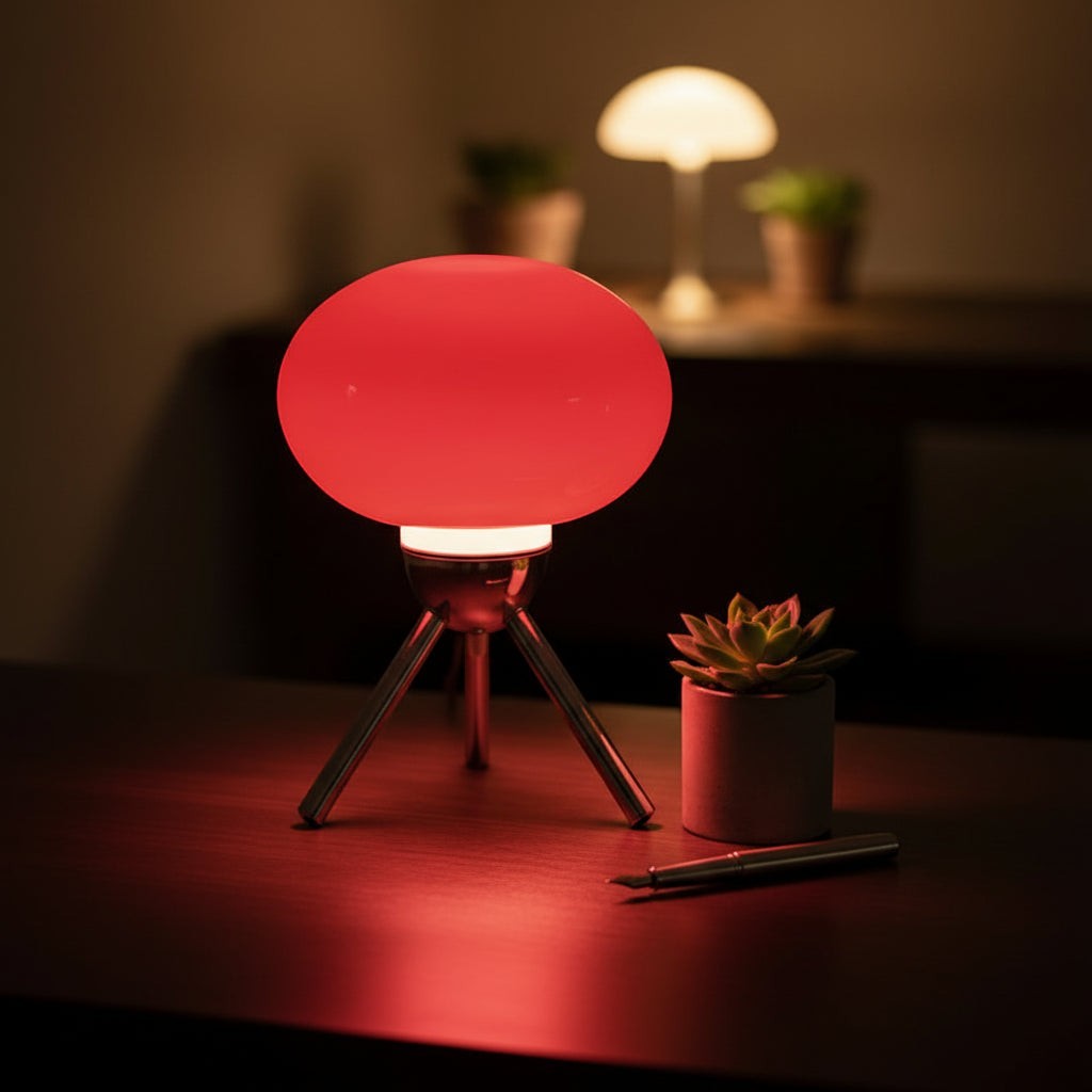 Glow & Drift Alva Bauhaus table lamp with a red glowing mushroom glass shade and polished chrome tripod base on a desk