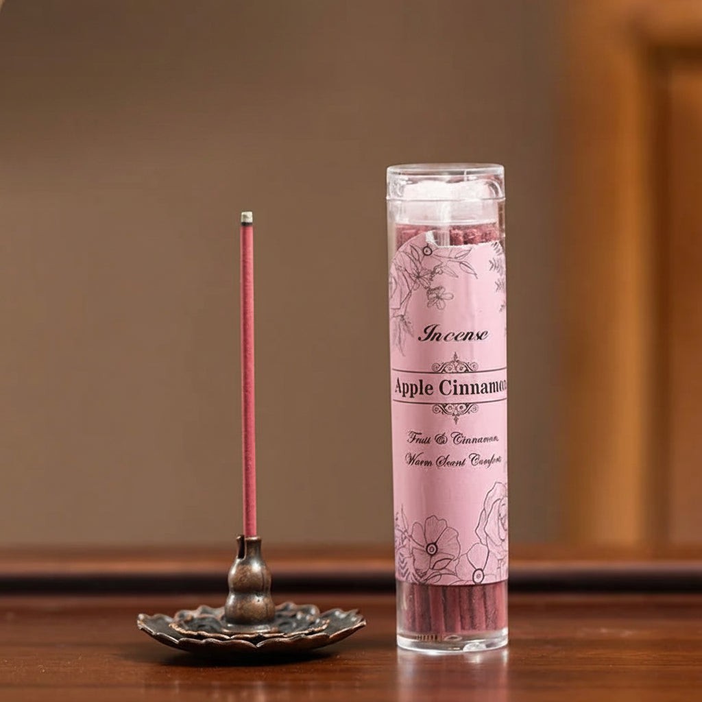 Glow & Drift Apple Cinnamon incense sticks in a clear tube with a burning stick on a vintage metal holder