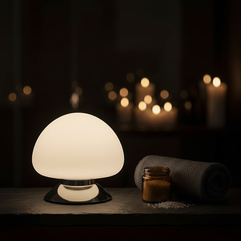 Glow & Drift Aura glass mushroom table lamp with a chrome base casting a soft, warm glow on a bedside table.