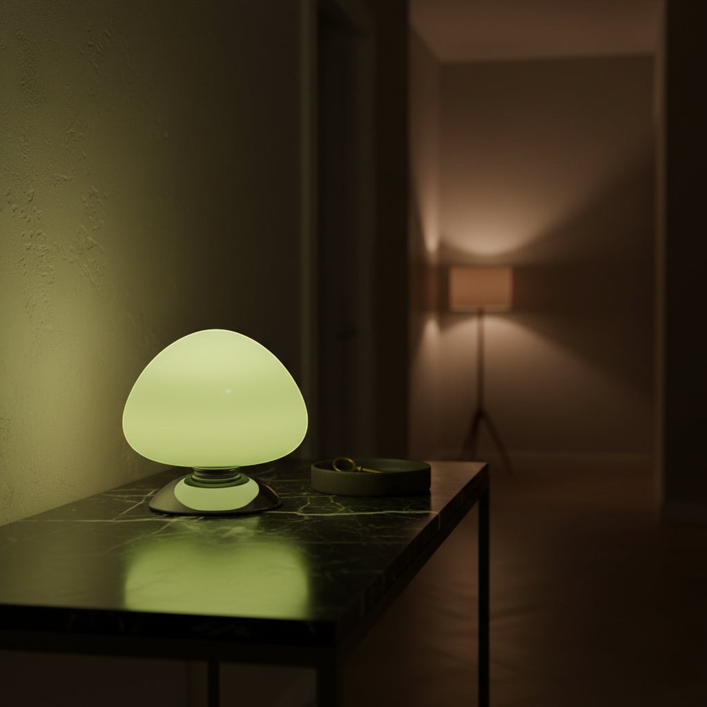 Glow & Drift Aura glass mushroom table lamp with a soft green glow on a dark marble console table in a dim room.