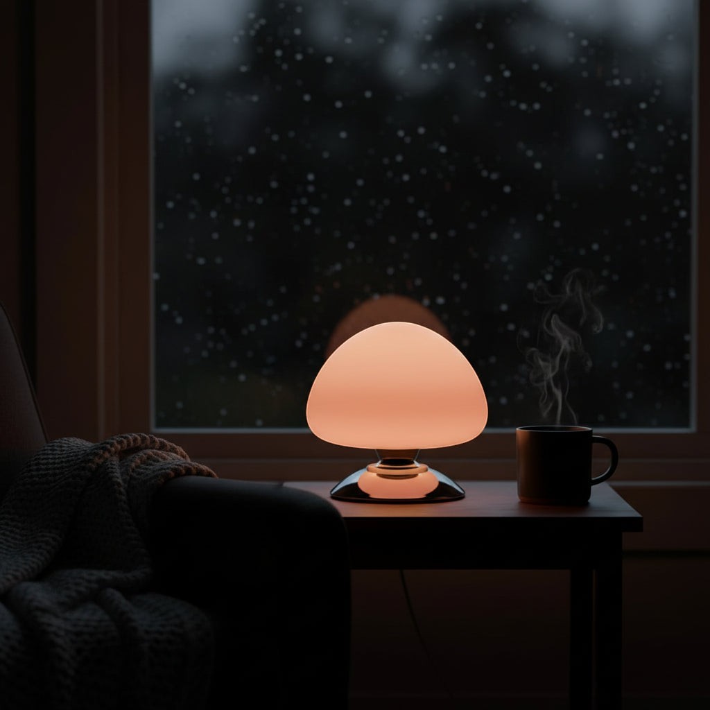 Glow & Drift Aura glass mushroom table lamp with a warm glow on a bedside table by a rainy window.