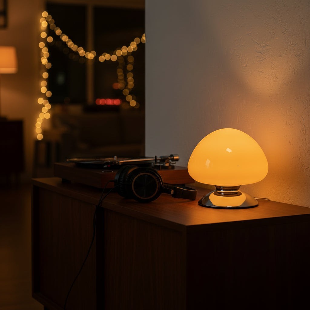 Glow & Drift Aura glass mushroom table lamp with a warm glowing dome and polished chrome base on a wooden console