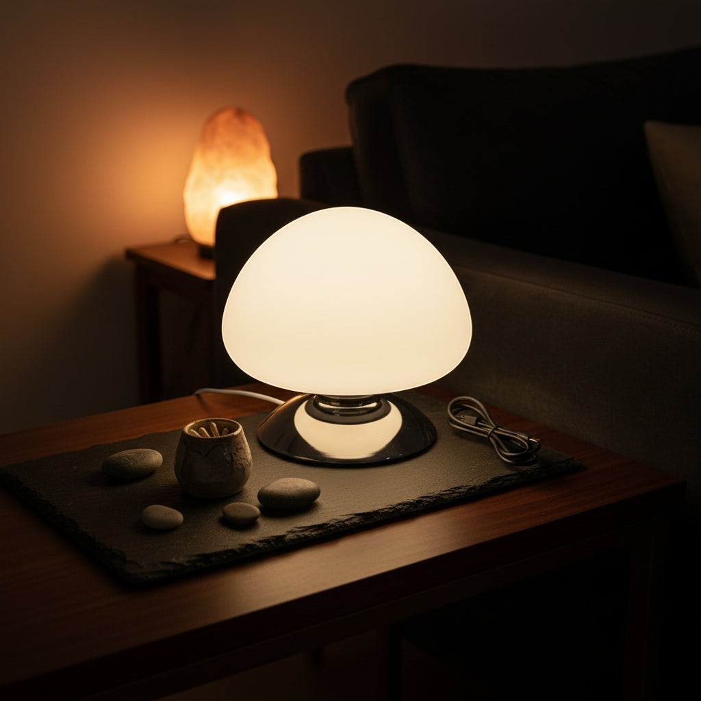 Glow & Drift Aura glass mushroom table lamp with a glowing dome and polished chrome base on a dark slate tray.
