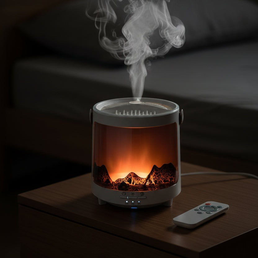 Glow & Drift Aurora Mist & Flame Diffuser with warm fire effect lighting and mist on a wooden nightstand with remote
