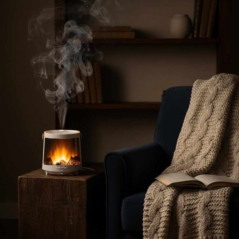 Glow & Drift Aurora Mist & Flame Diffuser on a wooden side table with a cozy fire effect and rising mist in a room.