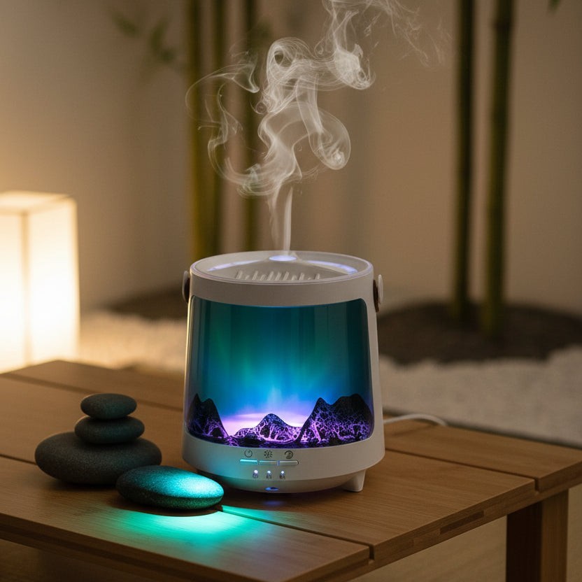 Glow & Drift Aurora Mist & Flame Diffuser with blue aurora lighting and mountain landscape emitting a gentle mist
