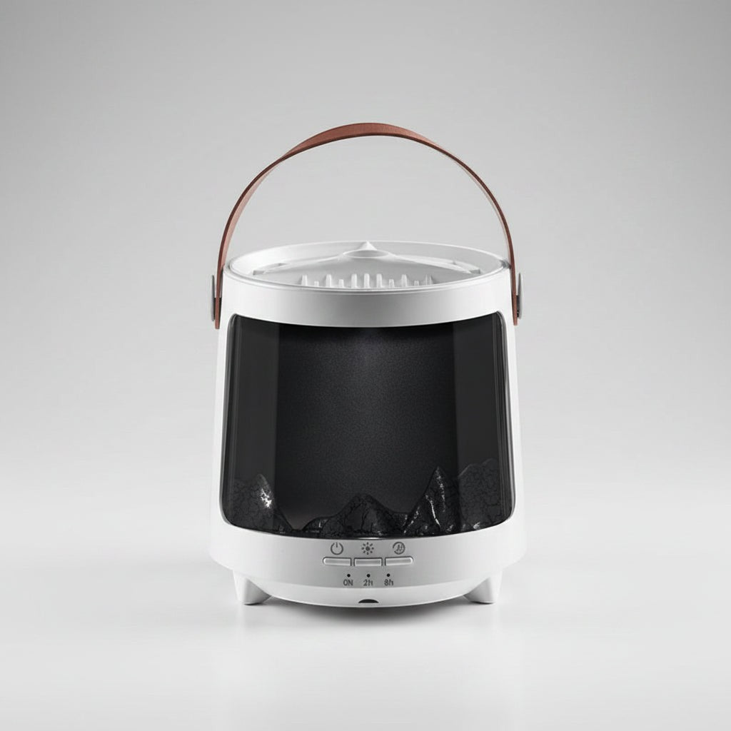 Glow & Drift Aurora Mist & Flame Diffuser with white housing, mountain landscape window, and brown leather handle.