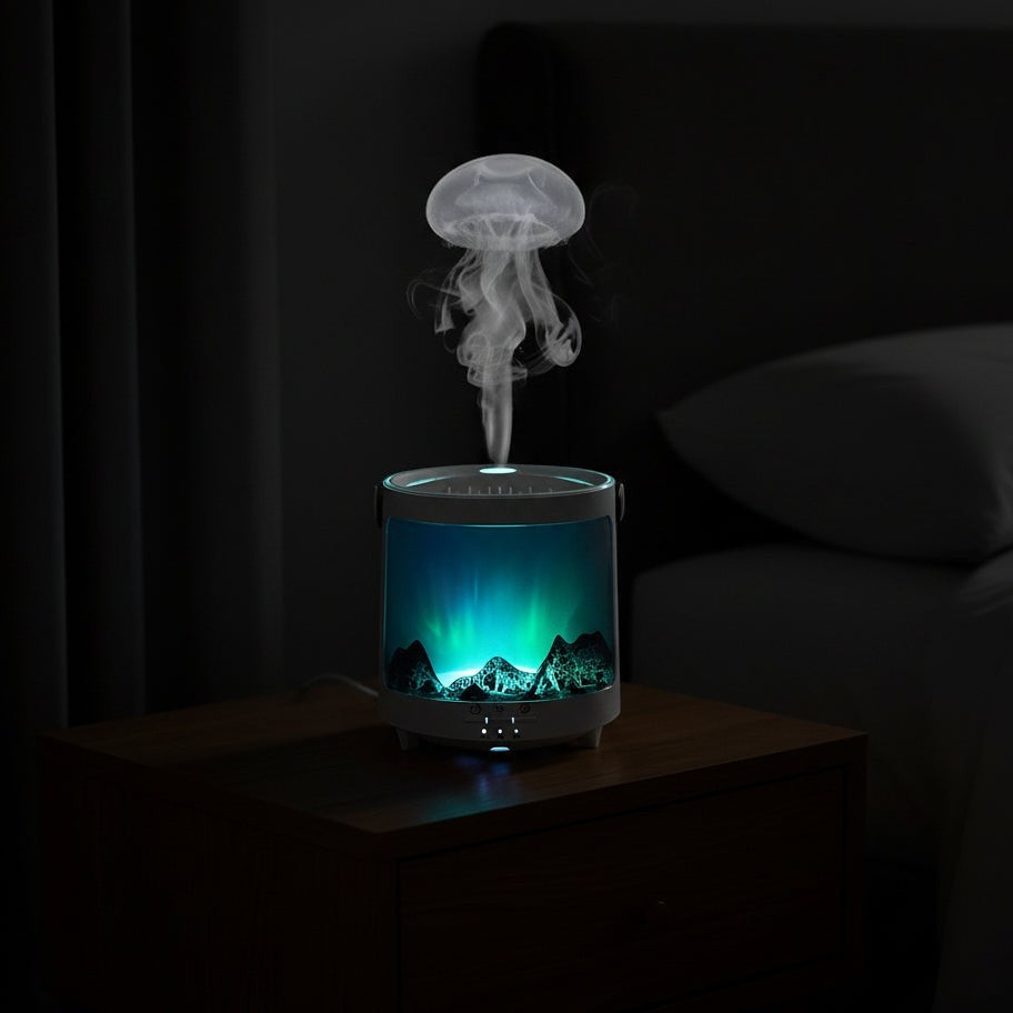 Glow & Drift Aurora Mist & Flame Diffuser emitting a jellyfish-shaped mist with vibrant green aurora lighting on a nightstand