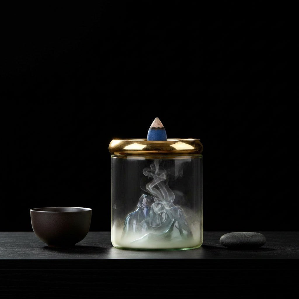 Glow & Drift Azure Peak backflow incense burner with blue glass mountain, golden lid, and cascading smoke on a table.