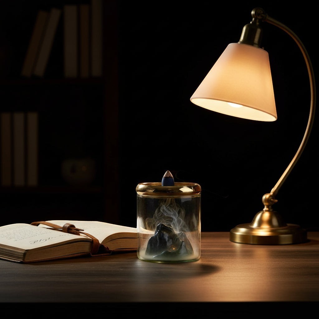 Glow & Drift Azure Peak backflow incense burner with blue glass mountain inside a clear cylinder on a wooden desk.