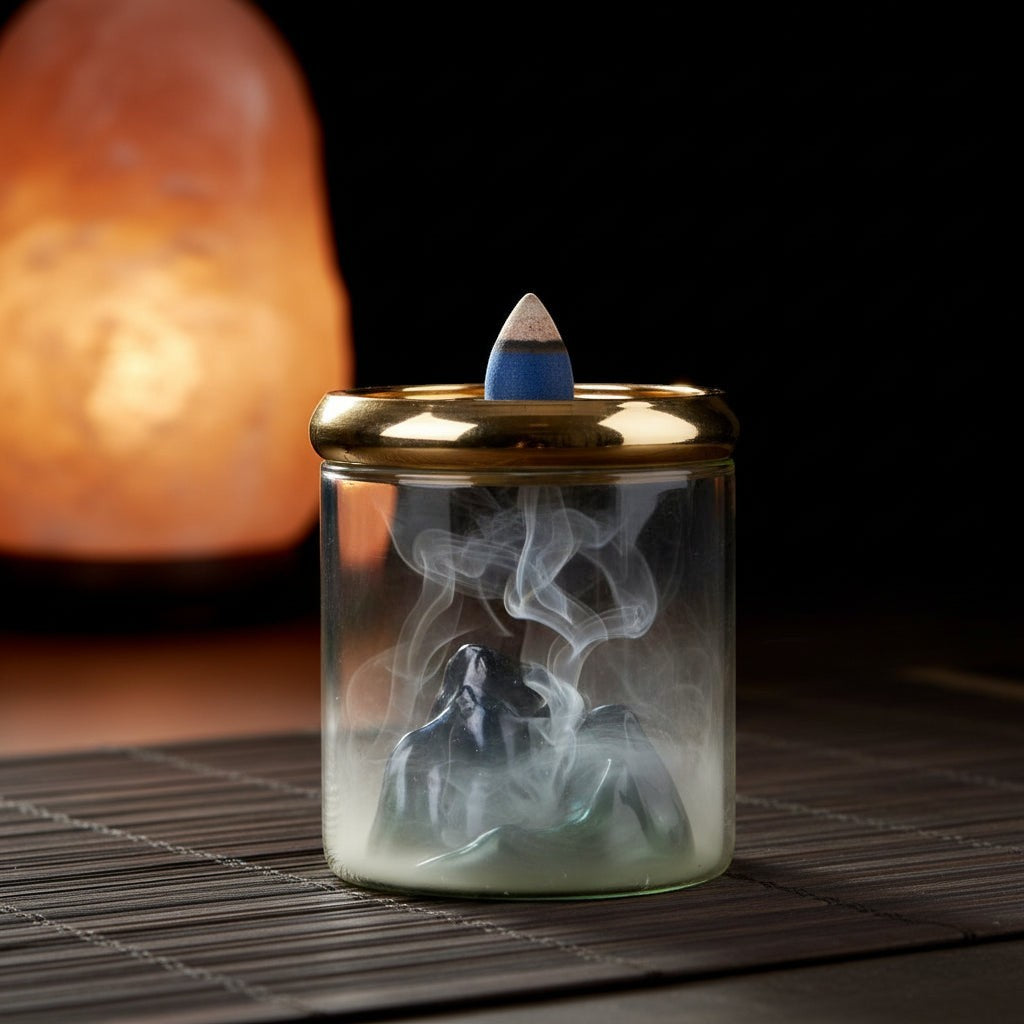 Glow & Drift Azure Peak backflow incense burner with blue glass mountain inside a clear cylinder and gold mesh lid