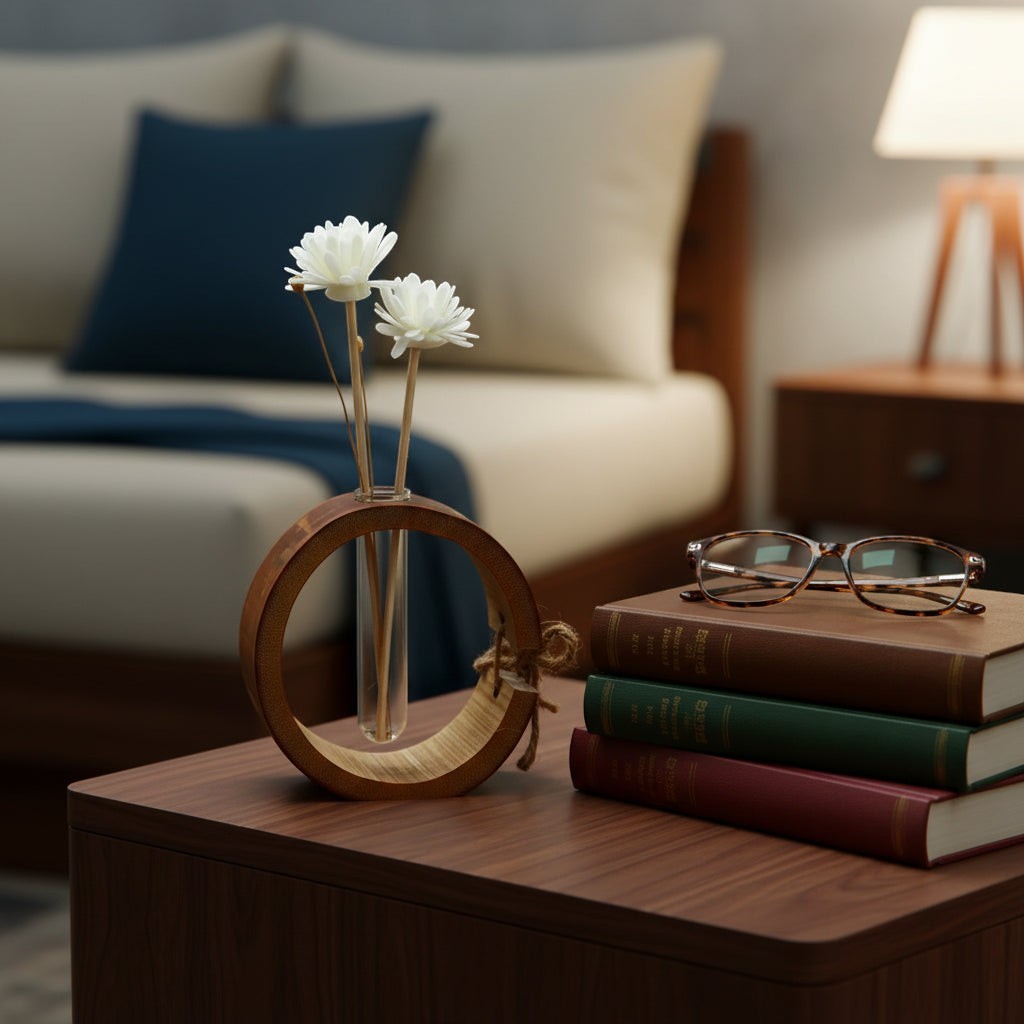 Glow & Drift Ensō bamboo and glass reed diffuser with flower-topped reeds on a wooden nightstand with books.
