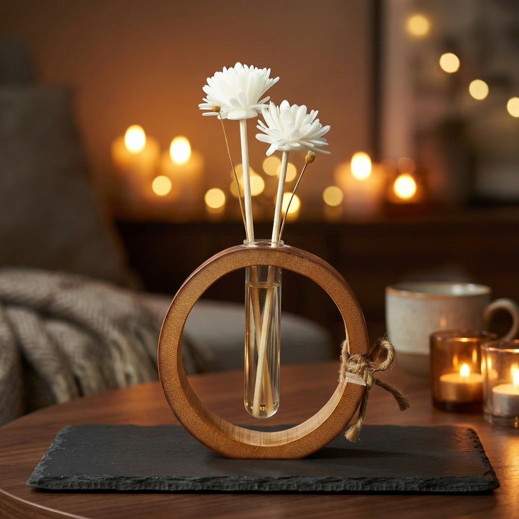 Glow & Drift Ensō bamboo and glass reed diffuser with flower-topped reeds on a slate base in a cozy, candlelit room.