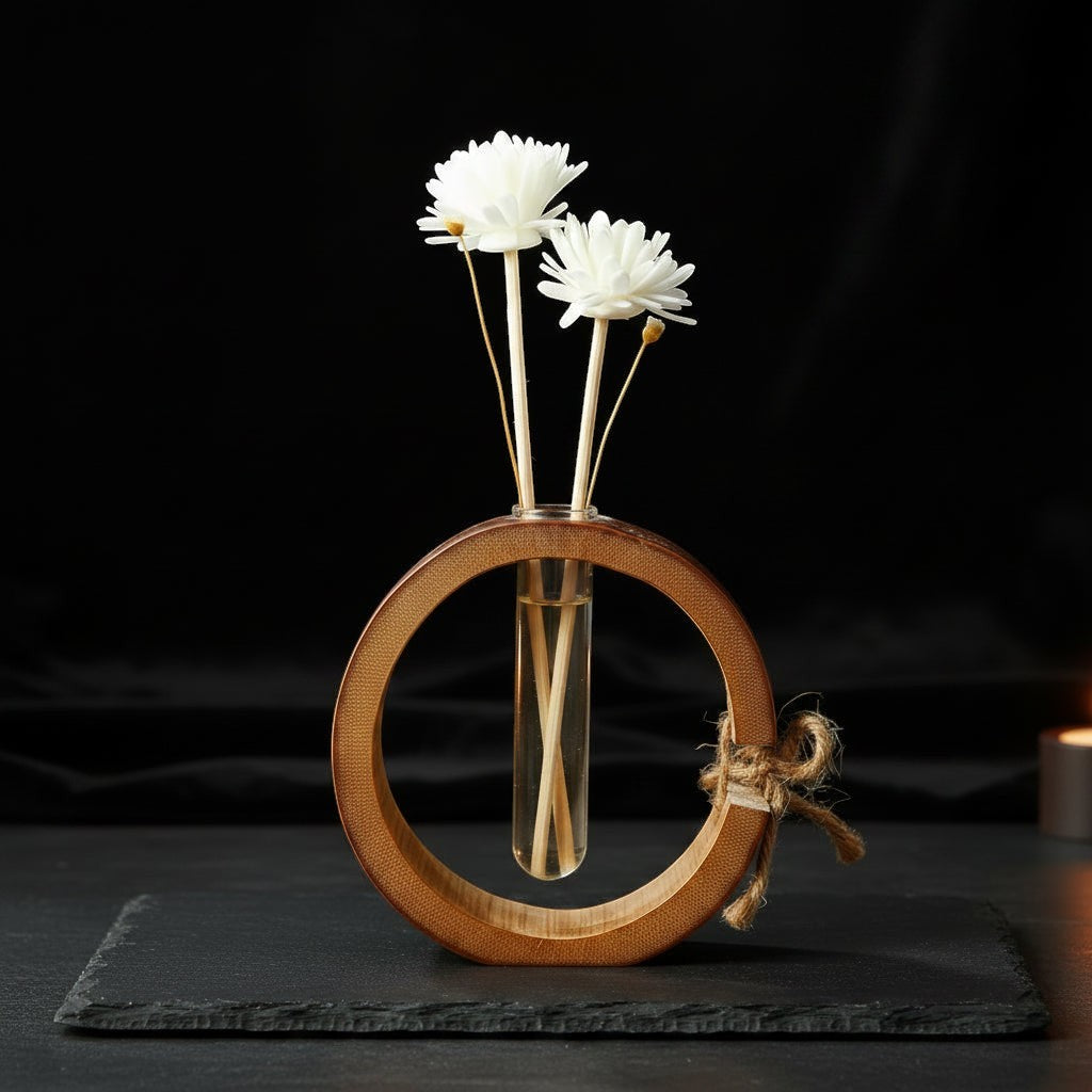 Glow & Drift Ensō bamboo and glass reed diffuser with flower-topped reeds and rustic twine on a black slate base.