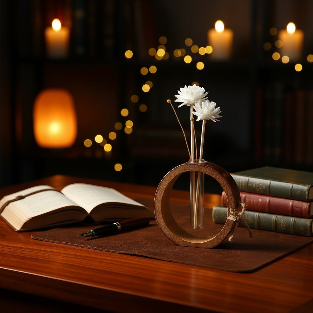 Glow & Drift Ensō bamboo and glass reed diffuser with flower-topped reeds on a desk with books and warm ambient light.