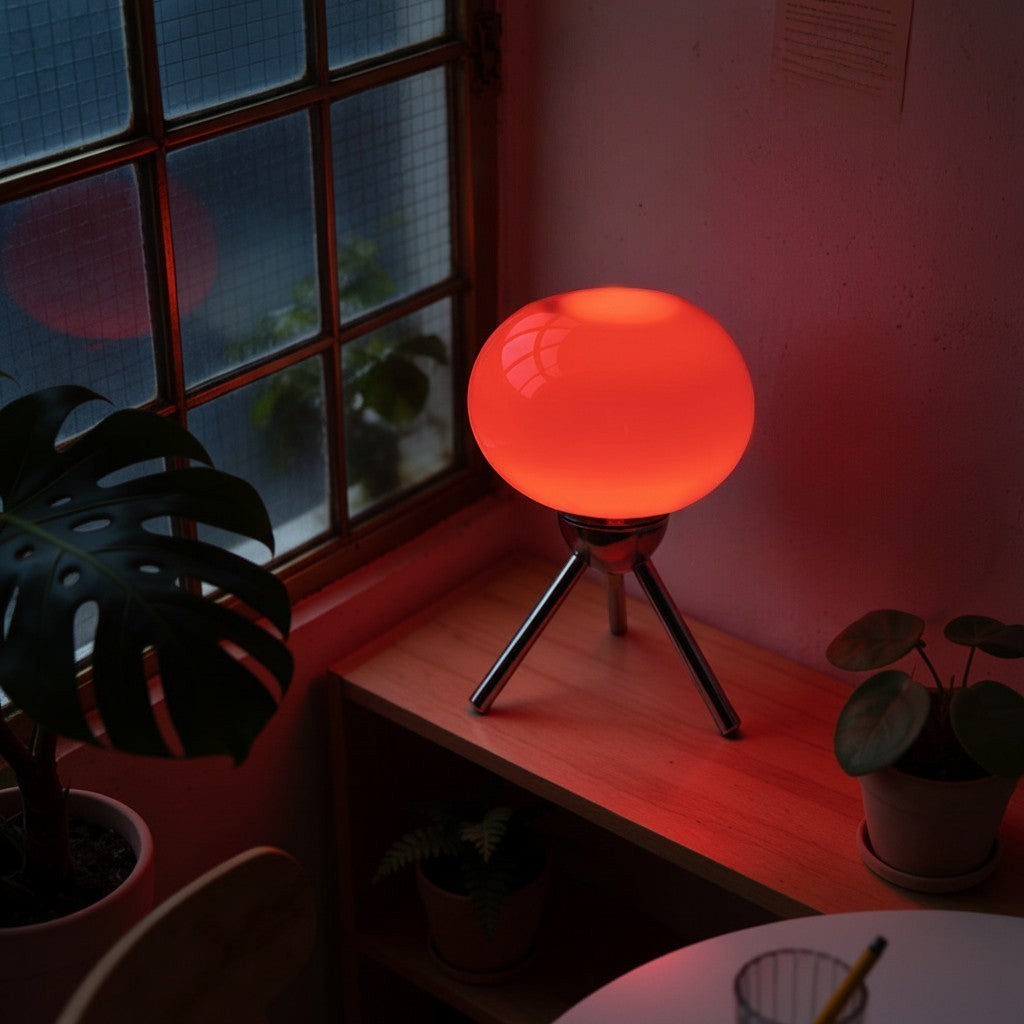 Glow & Drift Alva Bauhaus table lamp with a glowing red mushroom glass shade and polished chrome tripod base on a shelf.