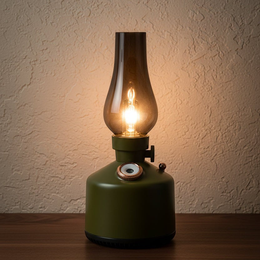 Glow & Drift Beacon Retro Lantern humidifier with olive green base, smoked glass top, and warm adjustable filament light