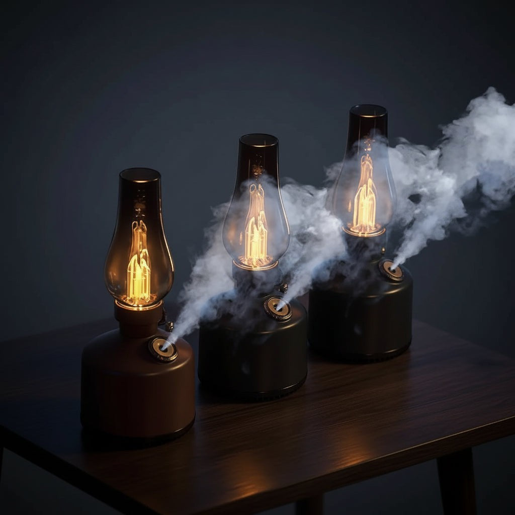 Glow & Drift Beacon Retro Lantern humidifiers with warm filament glow and mist on a dark wooden table.