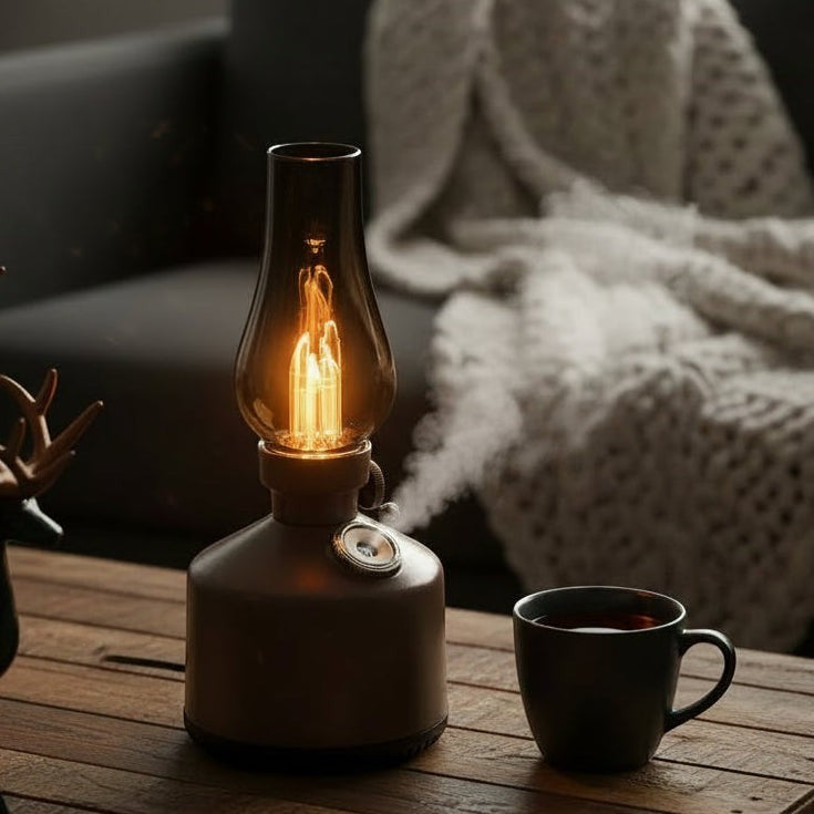Glow & Drift Beacon Retro Lantern humidifier with warm filament light and mist on a wooden table in a cozy living room