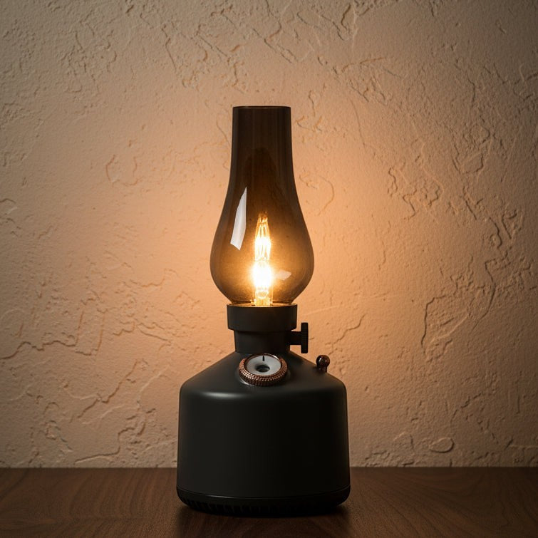 Glow & Drift Beacon Retro Lantern humidifier with a warm glowing filament light and smoked glass chimney.