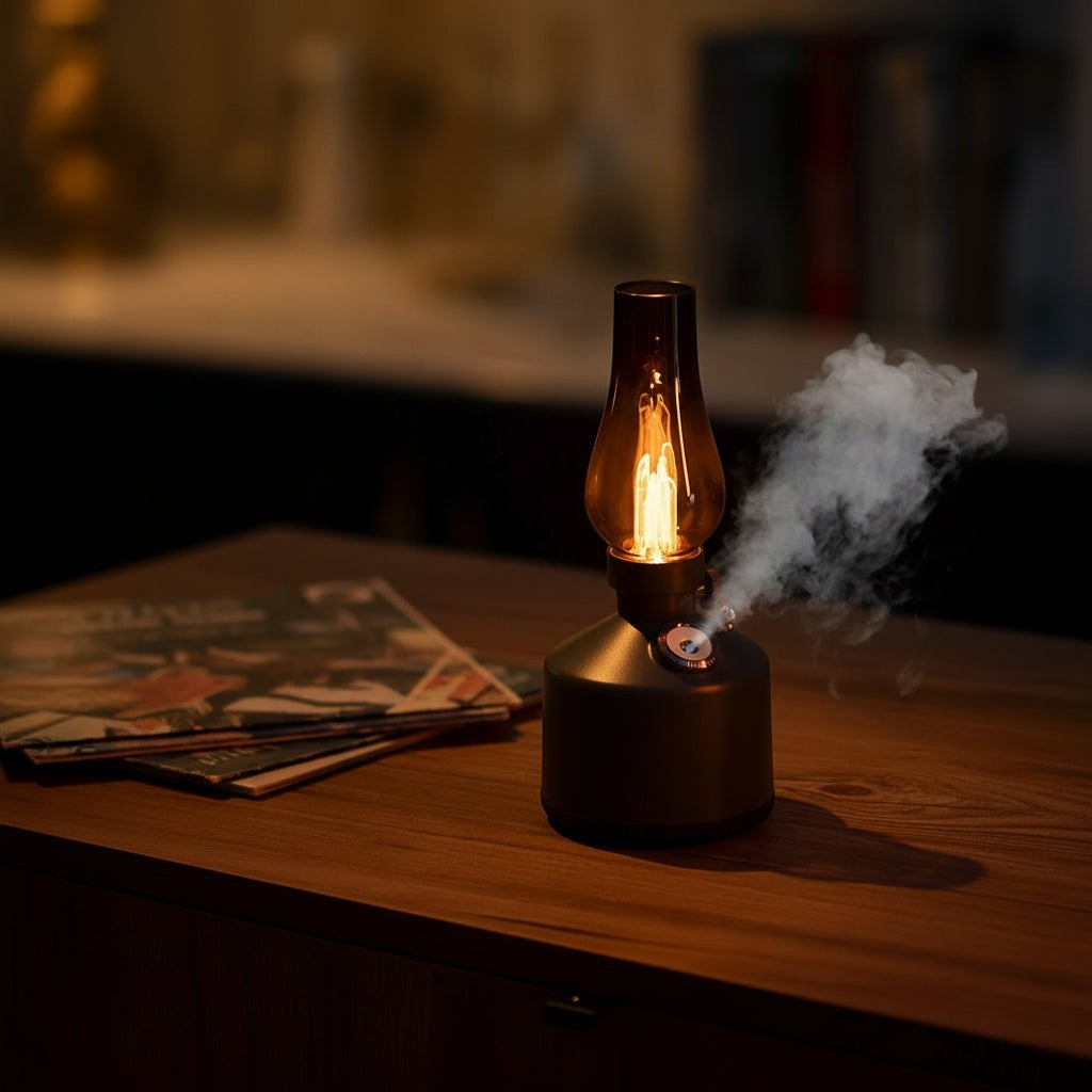 Glow & Drift Beacon Retro Lantern humidifier with a warm glowing filament and mist emitting from the base on a table.