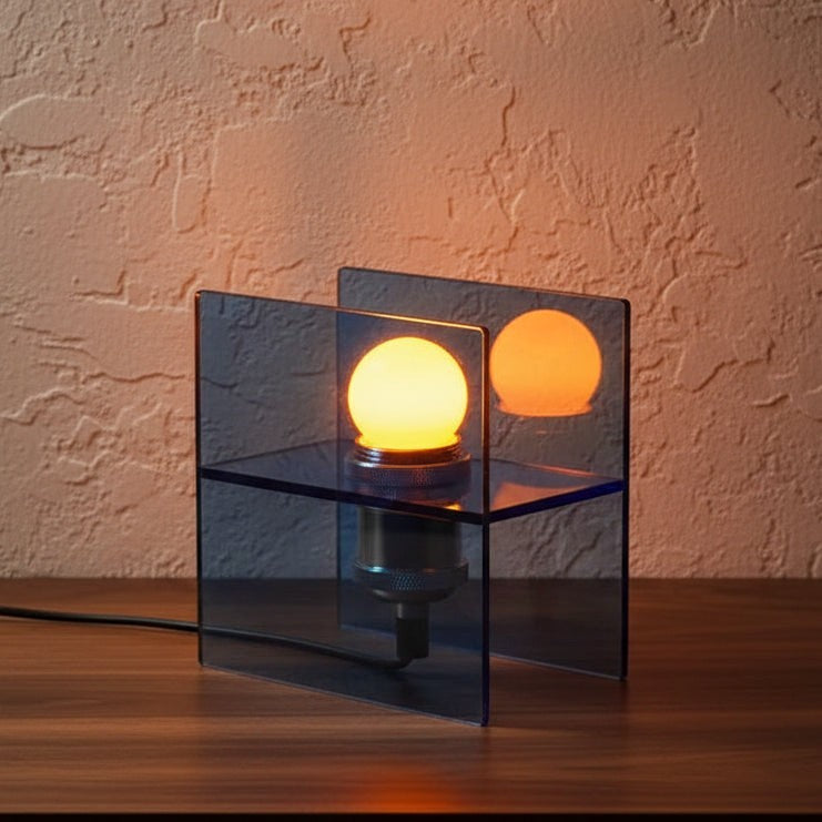 Glow & Drift Horizon geometric table lamp with blue tinted acrylic panels and a warm glowing E27 bulb on a desk